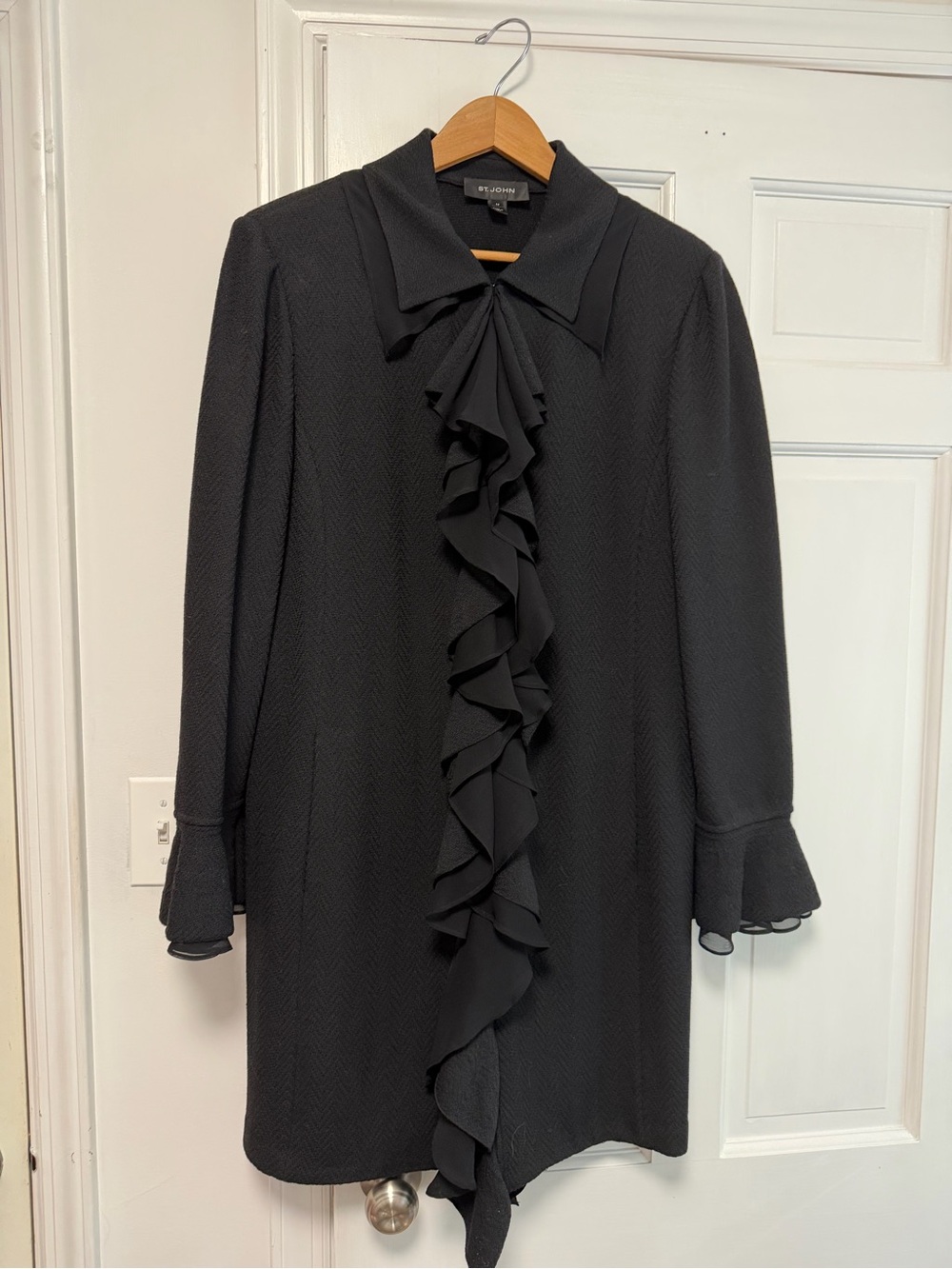 St. John Black Ruffle Front Long Sleeve Coat
